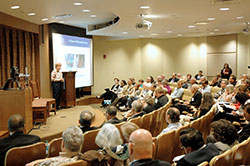 Sheila Gilbert, president of the National Council Society of St. Vincent de Paul, speaks about poverty at the Indiana Catholic Poverty Summit on Friday, April 26, at the University of Notre Dame. Gilbert was one of the national speakers, as well as Father Larry Snyder of Catholic Charities USA, who spoke about issues of poverty in the U.S. and Indiana. (Photo from Today's Catholic)