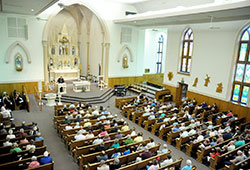 Archbishop Joseph W. Tobin addresses Catholics in the Batesville Deanery during a June 6 press conference at St. Louis Church in Batesville. (Photo by Sean Gallagher)