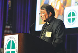 Archbishop Christophe Pierre, apostolic nuncio to the United States, speaks on June 14 during the opening of the U.S. Conference of Catholic Bishops’ annual spring assembly in Indianapolis. (Photo by Sean Gallagher)