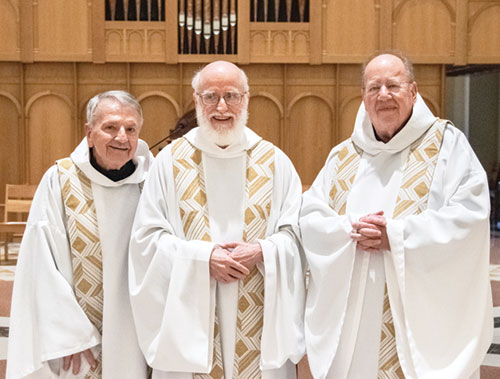 Benedictine Father Raymond Studzinski, left, Benedictine Father Bede Cisco and Benedictine Father Jonathan Fassero, who pose in the Archabbey Church of Our Lady of Einsiedeln in St. Meinrad, marked this year significant anniversaries of their profession of vows. (Photo courtesy of Saint Meinrad Archabbey)